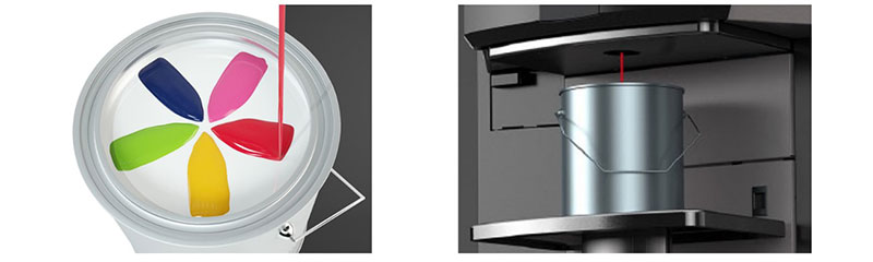 Adding colorants from a dispenser to base paint. Courtesy of Fast & Fluid Management B.V.