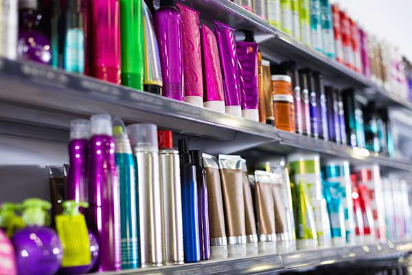 hair care products on shelves in a store
