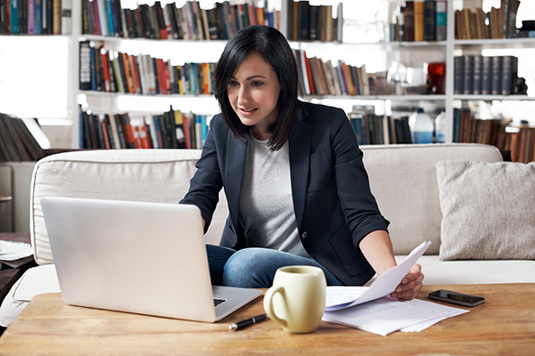 Person working from home in comfortable living room setting