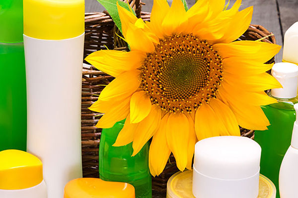 Sunflower amidst beauty care products