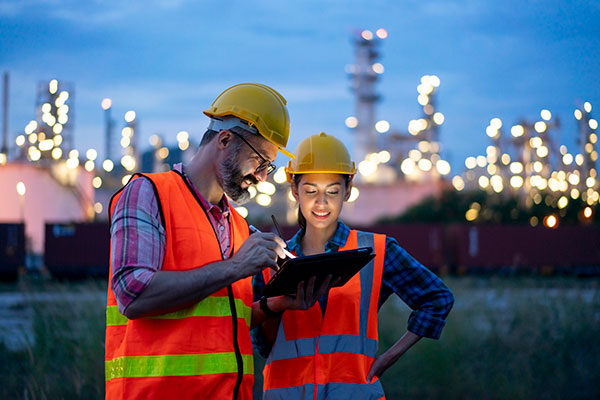 Workers at a plant using a tablet
