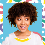 Woman with curly hair against colorful background