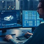 Professional Engineer Works on a Computer with a 3D CAD Software and Tests the Electric Car Chassis Prototype with Wheels, Batteries and Engine Standing in a High Tech Development Laboratory