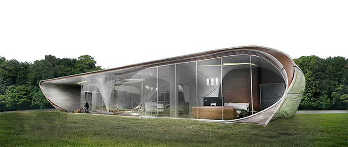  Exterior rendering of the 3D-printed Curve Appeal house, as designed by WATG Urban Architecture Studio. Learn more about Branch Technology's Cellular Fabrication 3D printing technology in the UL Prospector Knowledge Center.