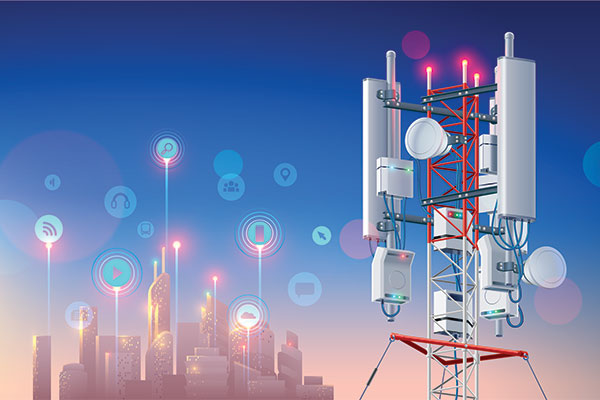 whimsical artwork depicting a 5G network and a cityscape - Learn more about how 5G will impact the plastics industry