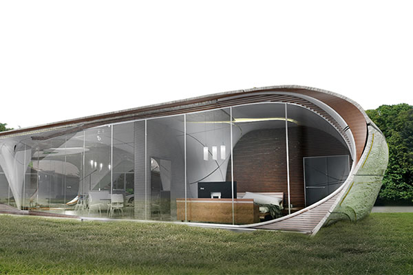 Exterior rendering of the 3D-printed Curve Appeal house, as designed by WATG Urban Architecture Studio. Learn more about Branch Technology's Cellular Fabrication 3D printing technology in the UL Prospector Knowledge Center.
