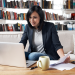Person working from home in comfortable living room setting