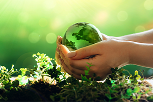 Hands holding globe, Evonik Webinar