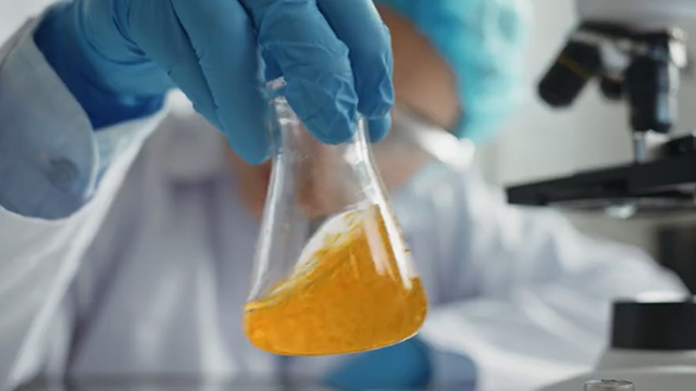 Lab glassware with orange liquid