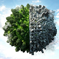 Digital generated image of two semi spheres connected together in one planet. Left part covered by trees against right part fully urban and covered by buildings. Sustainability concept.